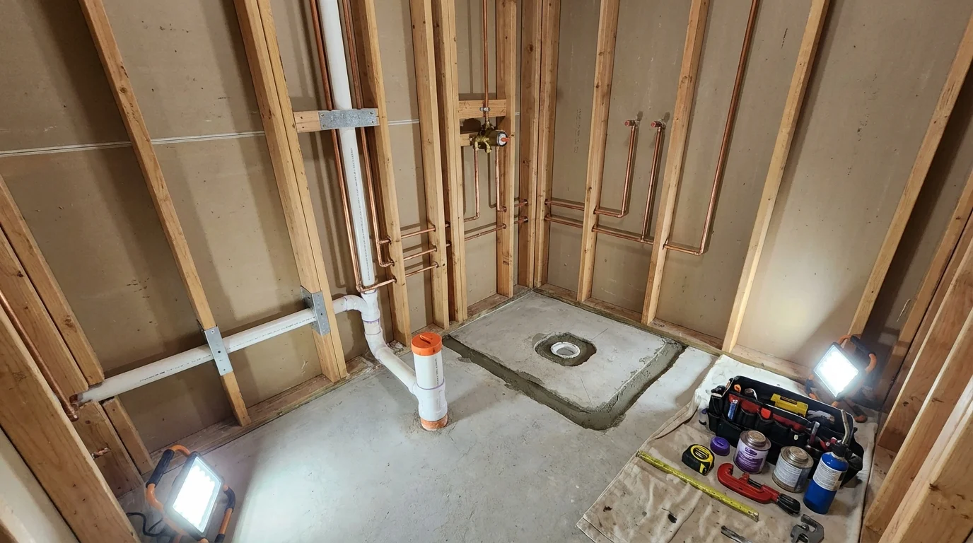 Bathroom rough-in plumbing during remodel by Johns Plumbing LLC in La Joya