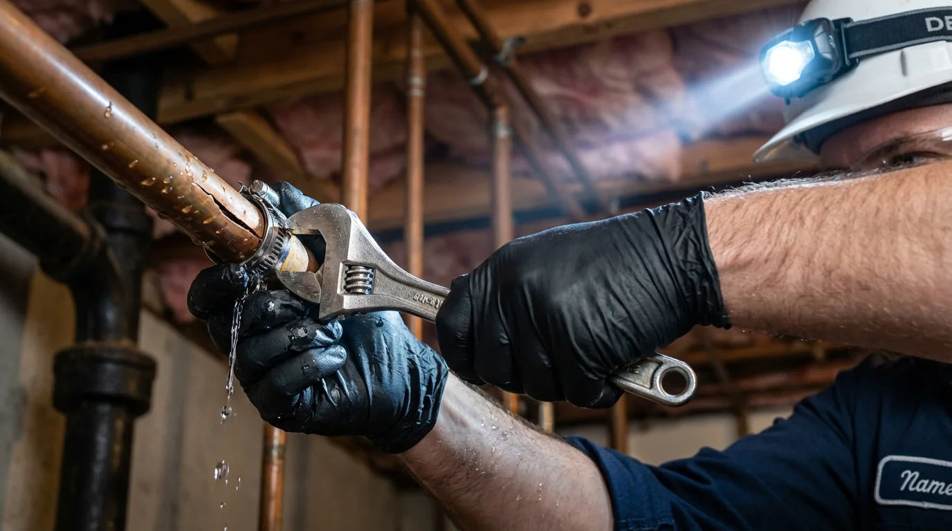 Emergency pipe clamp repair being performed by a Johns Plumbing LLC plumber in La Joya